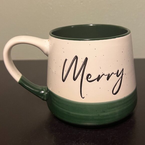 Peppermint & Pine MERRY Matte Off-white  with Green Glossy Glaze Stoneware Mug - Picture 1 of 8